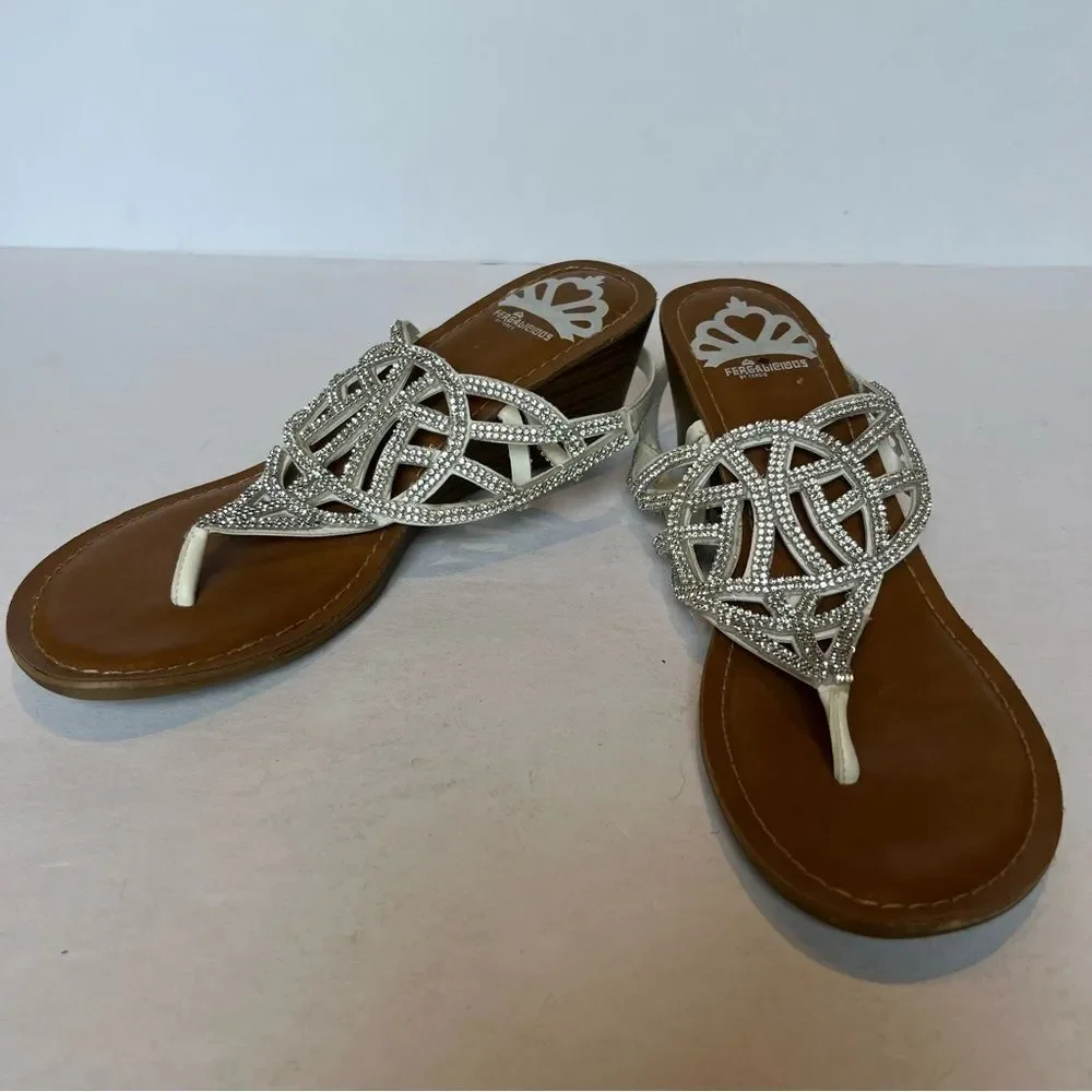 Fergalicious Women's White/Silver Thong Sandals Sparkly Size 7.5M Strappy